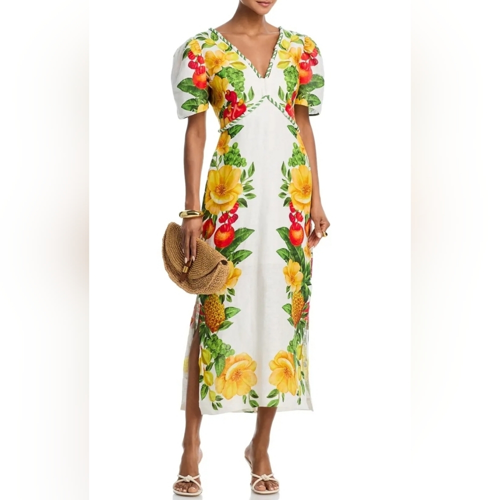 Farm Rio Linen Picnic Flowers Maxi Dress Size XS NWT $298 Resortwear Tropical